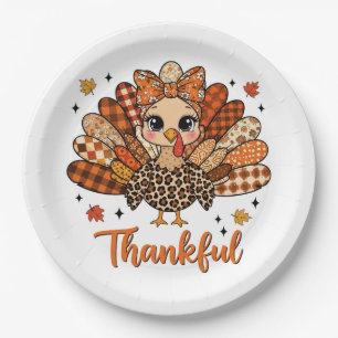 Thankful Turkey with Autumn Patchwork Feathers Paper Plates