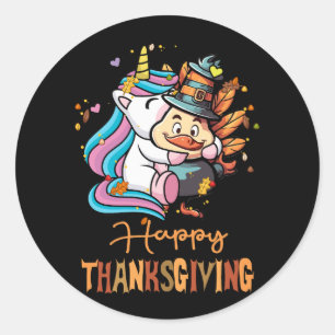 Thankful Unicorn Hugs Turkey Happy Thanksgiving Fr Classic Round Sticker