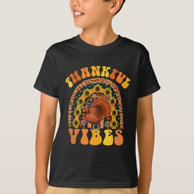 Thankful Vibes Rainbow Turkey Fall Retro Groovy Th T-Shirt (Front)