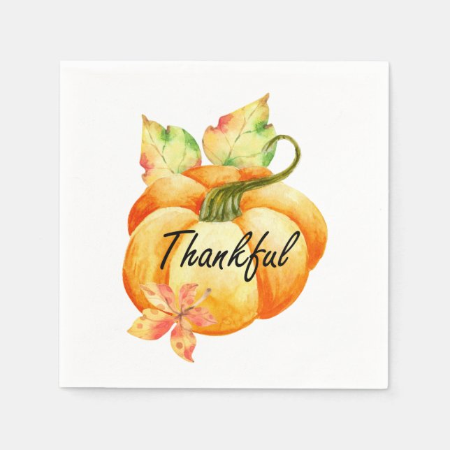Thankful Watercolor Pumpkin Thanksgiving Napkins (Front)