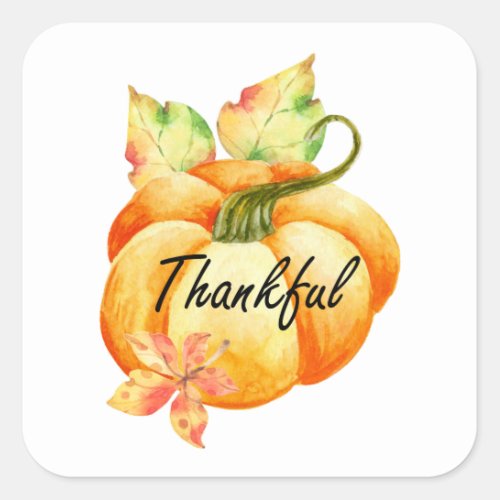 Thankful Watercolor Pumpkin Thanksgiving  Square Sticker