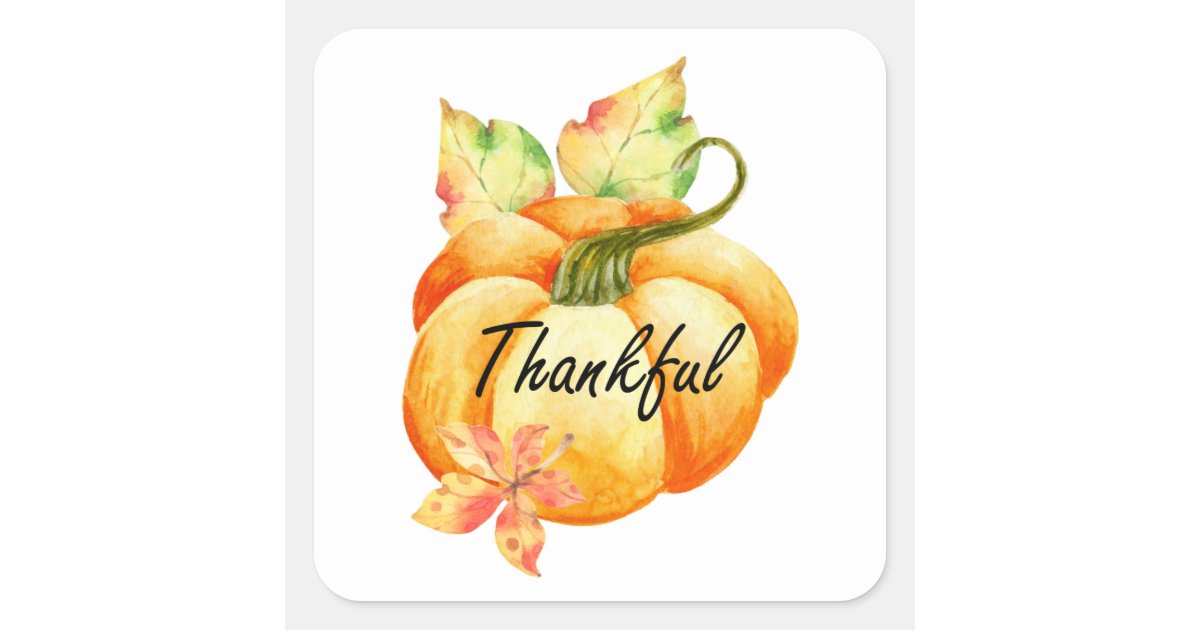 Thankful Watercolor Pumpkin Thanksgiving Square Sticker | Zazzle