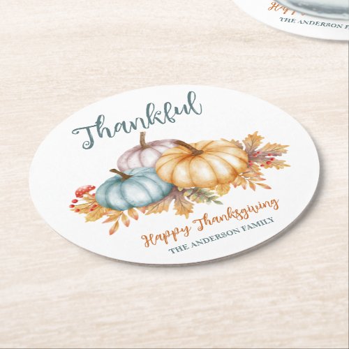 Thankful watercolor pumpkins Happy Thanksgiving Round Paper Coaster