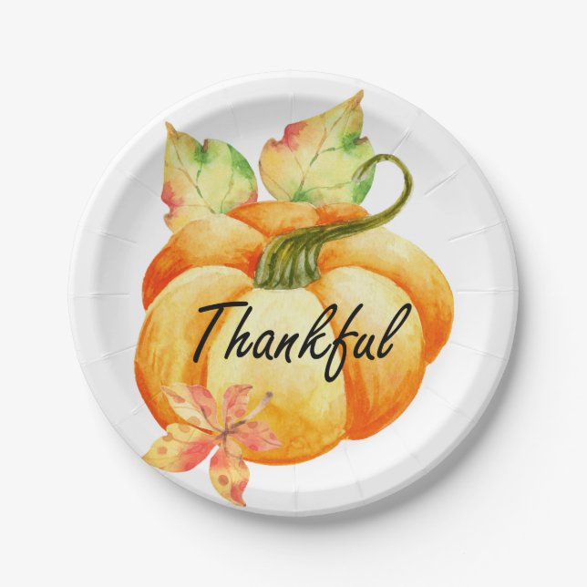 Thankful Watercolor Thanksgiving Paper Plates (Front)