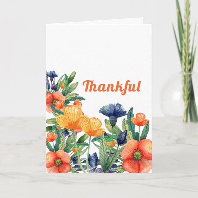 Thankful Wildflowers Thanksgiving Orange Holiday Card (Front)