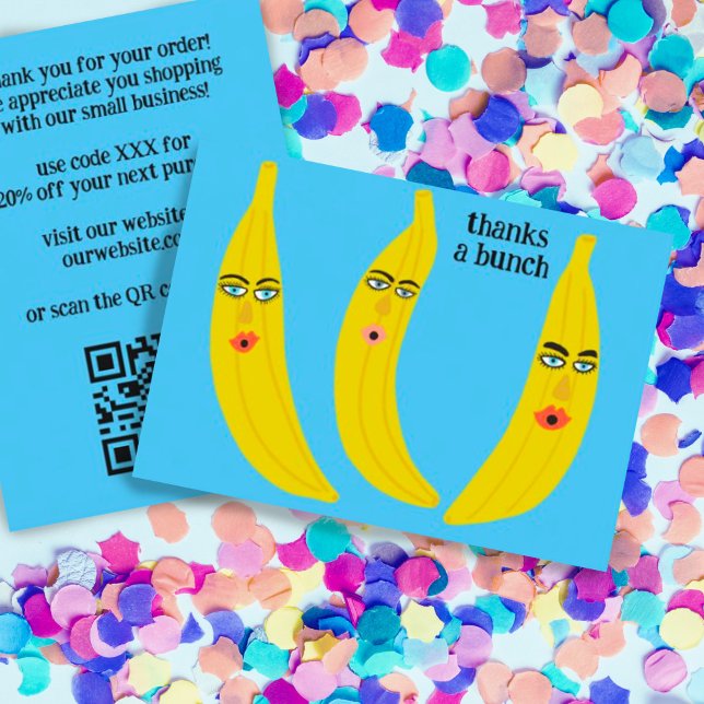 THANKS A BUNCH Funny Bananas ORDER THANK YOU QR Business Card (Custom thank you for your order cards with QR code. Add discount code and your own text funny banana)