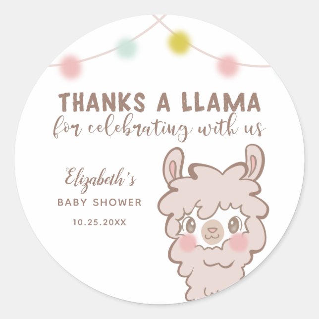 Thanks A Llama Baby Shower Favor Classic Round Sticker (Front)