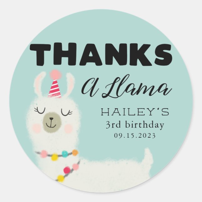 Thanks A Llama Birthday Party Favor Classic Round Sticker (Front)
