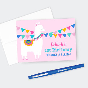 Thanks a Llama Pink Birthday Party Girl Thank You Card