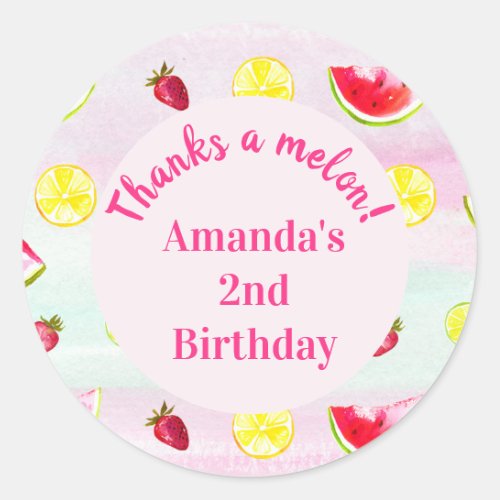Thanks a Melon Fun Pink Kids Watermelon Birthday  Classic Round Sticker