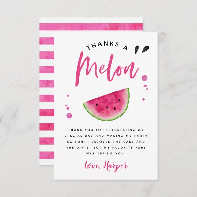 Thanks A Melon Pink Watermelon Birthday Thank You Card (Front/Back)