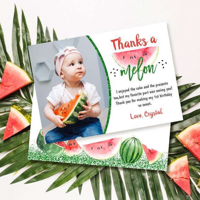 Thanks a Melon Sweet Watermelon Birthday Photo Thank You Card (Creator Uploaded)