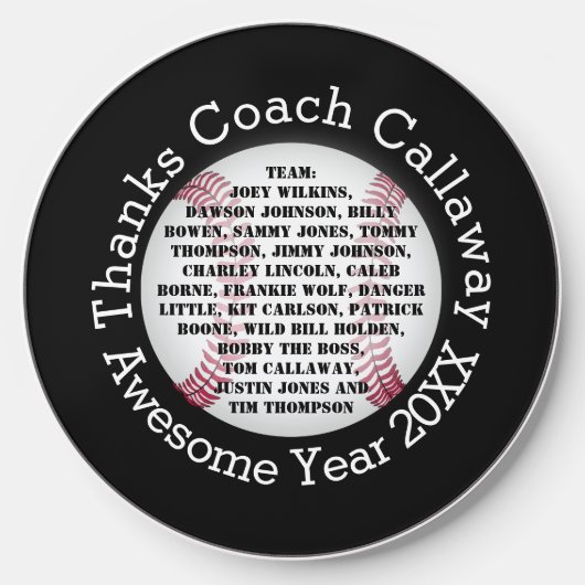 Thanks Baseball Coach with Team Names Wirele Wireless Charger (Front)