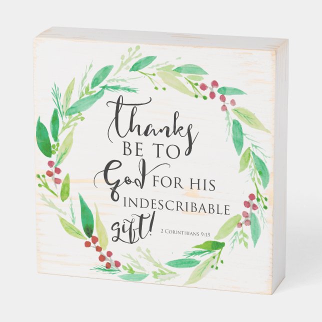 Thanks be to God Bible Verse Christmas Wreath Wooden Box Sign (Angled Horizontal)