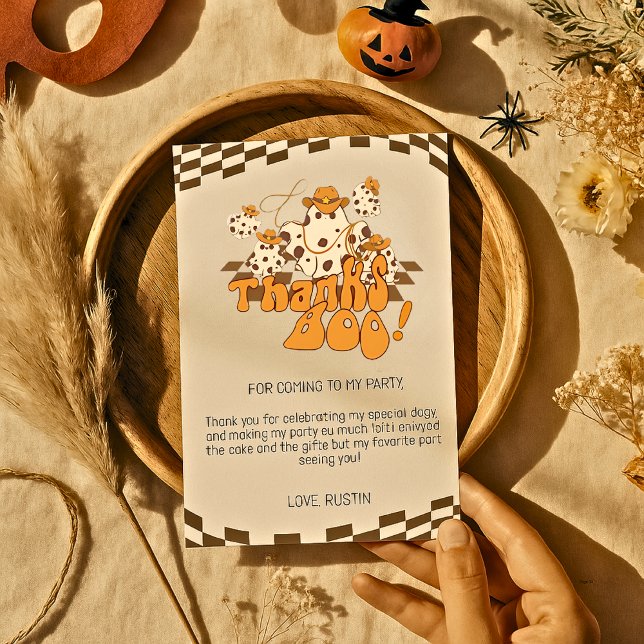 Thanks Boo Cowboy Halloween Checkered Pattern Thank You Card (Creator Uploaded)