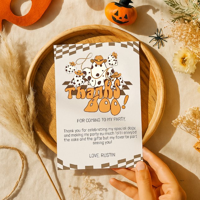 Thanks Boo Cowboy Halloween Checkered Pattern Thank You Card (Creator Uploaded)