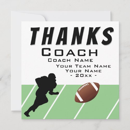 Thanks Coach Football Player Extra Size  Thank You Card - Thanks Coach Football Player Extra Size Thank You Card. Football player in action silhouette, the football balls on the playfield. Thank you card for a football coach. Personalize with coach name, team, year and your name and thank your sports coach.