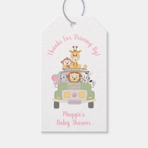 Thanks Driving By Animal Safari Baby Girl Shower Gift Tags