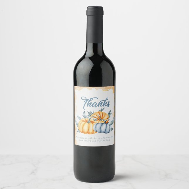 Thanks fall watercolor pumpkin art custom wine label (Front)