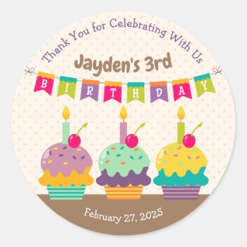 Thanks Favor Colorful Cupcakes Bunting Candles Kid Classic Round Sticker by BCMonogramMe at Zazzle