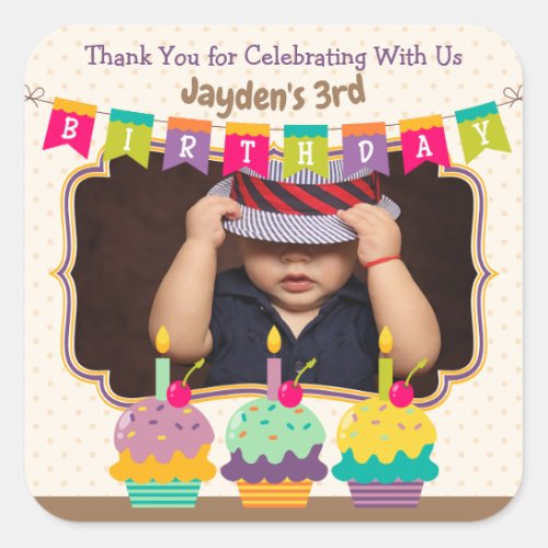 Thanks Favor Happy Birthday Cupcakes Bunting Photo Square Sticker
