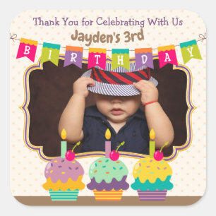 Thanks Favor Happy Birthday Cupcakes Bunting Photo Square Sticker