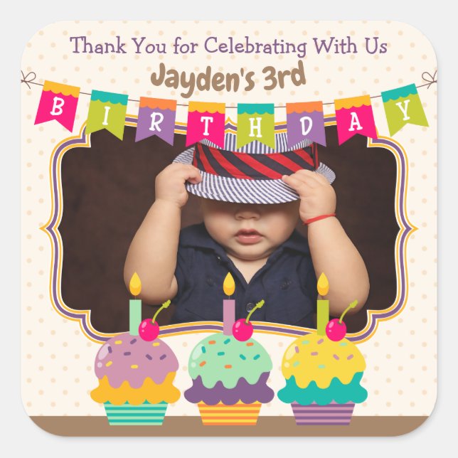 Thanks Favor Happy Birthday Cupcakes Bunting Photo Square Sticker (Front)