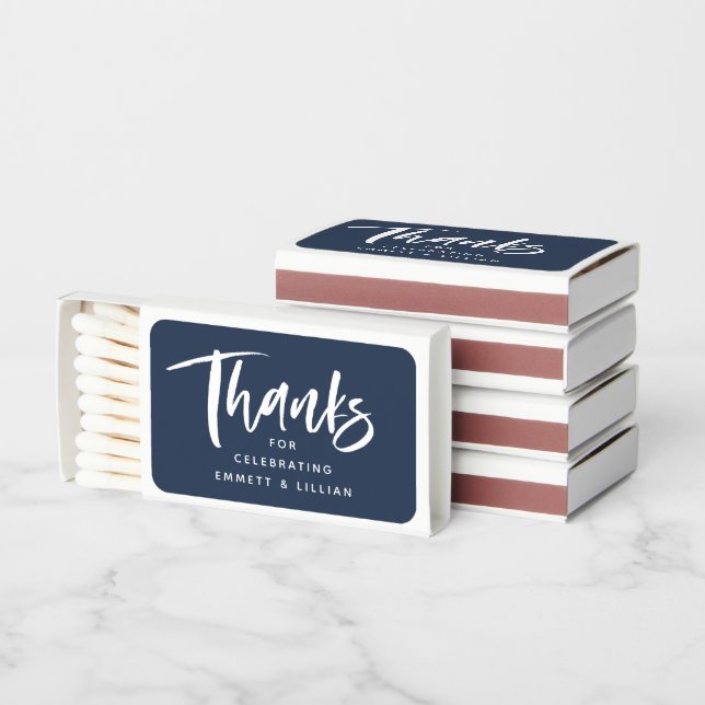 Thanks for celebrating modern navy wedding favor matchboxes (Stacked)