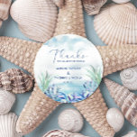 Thanks For Celebrating With Us! Summer Wedding Classic Round Sticker<br><div class="desc">Thanks For Celebrating With Us! Summer Wedding Classic Round Sticker. Our coastal chic design for summer weddings,  engagement parties,  or rehearsal dinners features seashells of blue watercolor and rainbow and coral.,  Add custom text to the back to provide any additional information.</div>