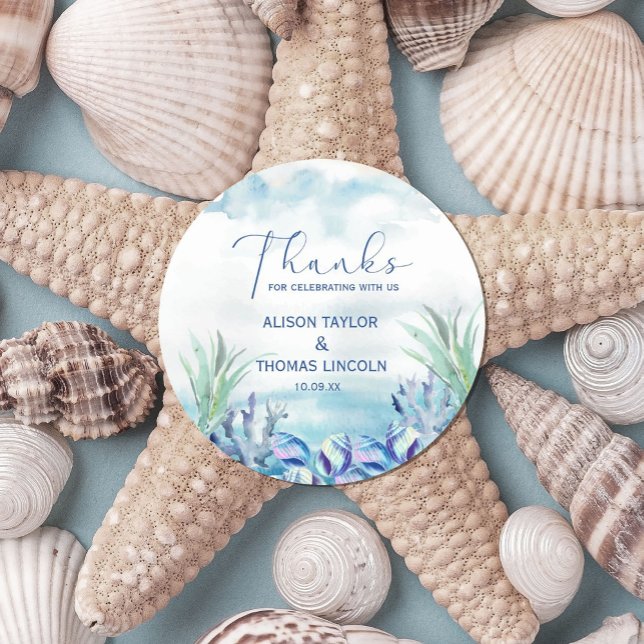 Thanks For Celebrating With Us! Summer Wedding Classic Round Sticker (design for summer weddings, engagement parties, features seashells of blue watercolor and rainbow.)