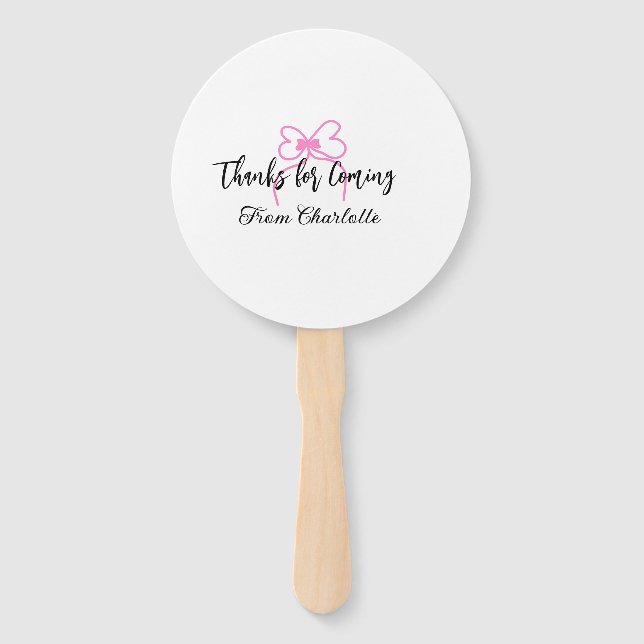 thanks for coming add name text message pink bow f hand fan (Front)
