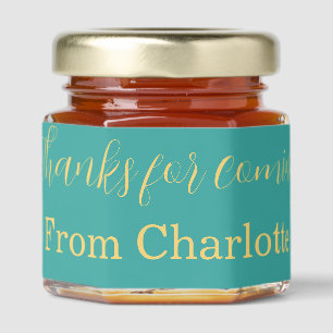 thanks for coming add name text turqoise yellow honey jar favors