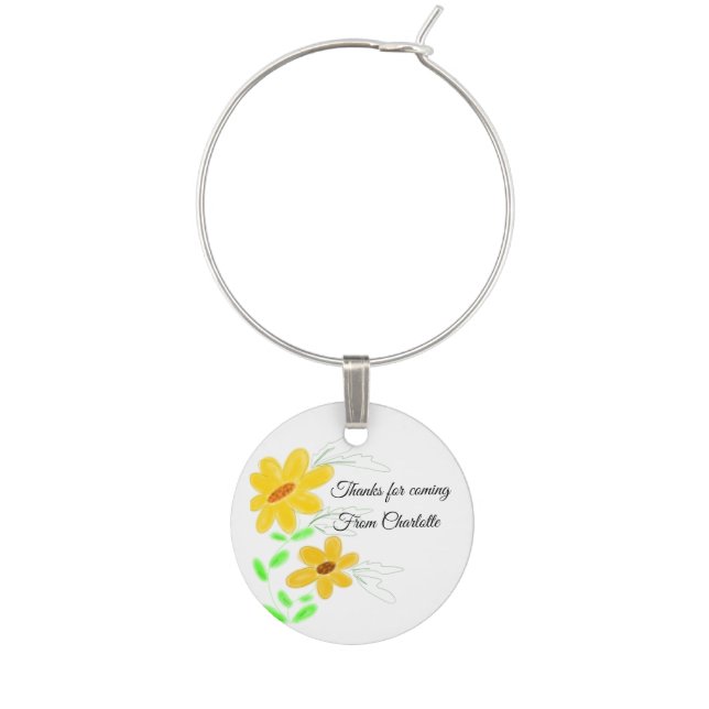 thanks for coming add name text yellow sunflower b wine charm (Front)