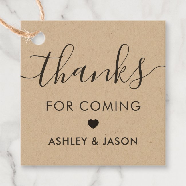 Thanks for Coming Tag, Wedding Thank You, Kraft Favor Tags