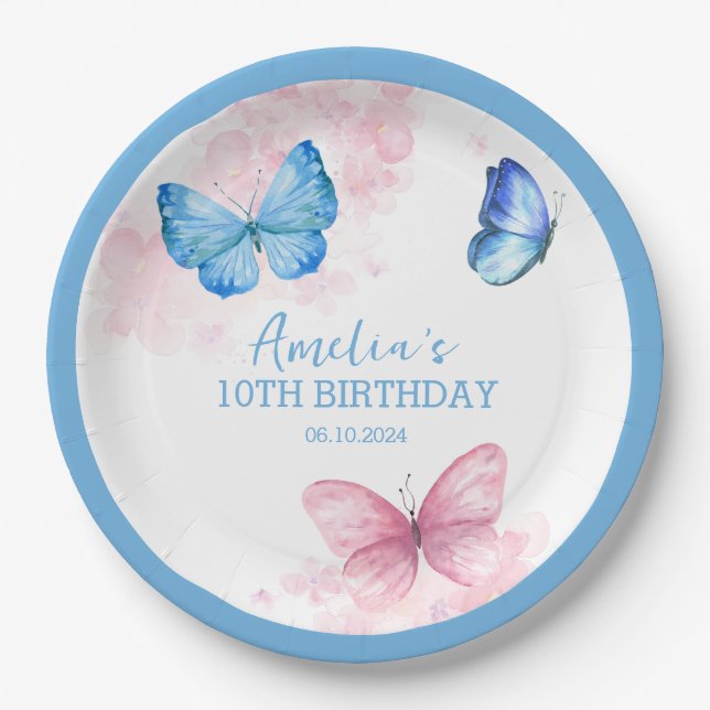 Thanks for fluttering Butterflies Birthday Paper Plates (Front)