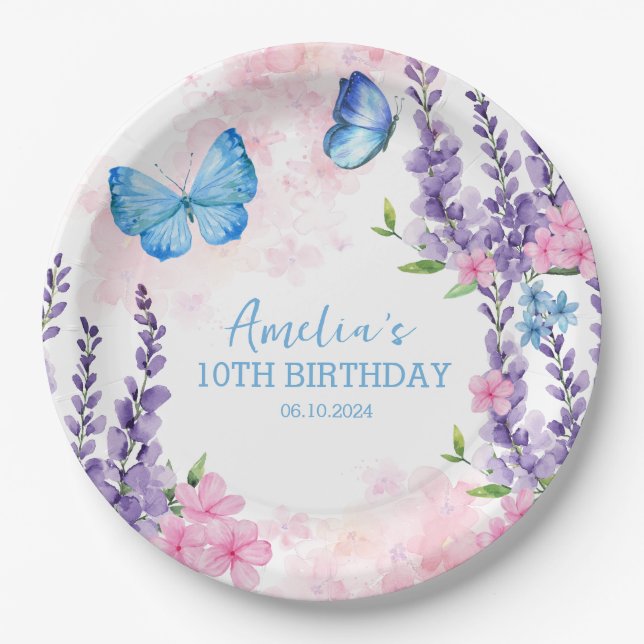 Thanks for fluttering Butterflies Birthday Paper Plates (Front)