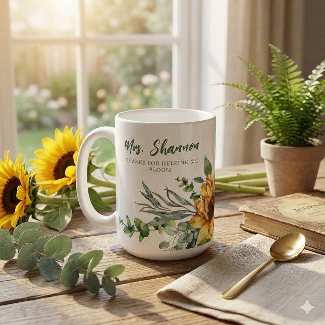 Thanks For Helping Me Bloom Sunflower Mug (Thank a special teacher with this beautiful sunflower, "Thanks for helping me bloom" mug! )