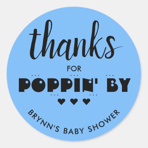 Thanks for Poppin By Baby Shower Popcorn Blue Classic Round Sticker