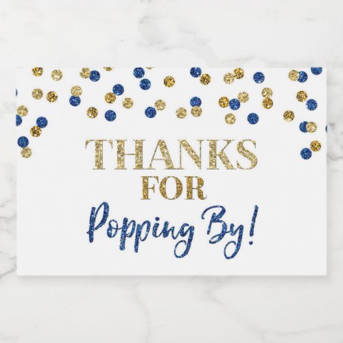 Thanks for Popping by Gold Blue Confetti Food Label