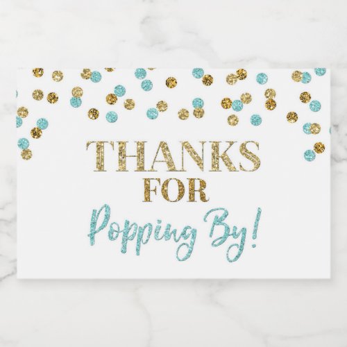 Thanks for Popping by Gold Blue Confetti Food Label