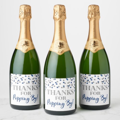 Thanks for Popping by Silver Blue Confetti Sparkling Wine Label