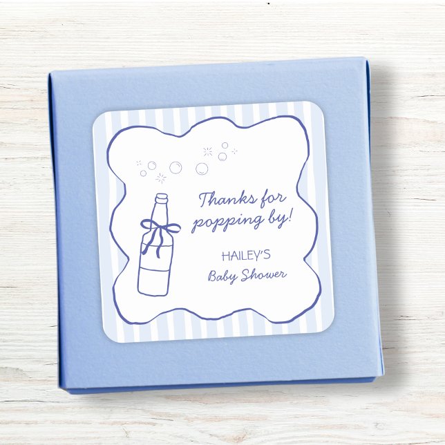 Thanks For Popping By Soda Bottle Blue Baby Shower Square Sticker (Thanks For Popping By Soda Bottle Blue Baby Shower Square Sticker)