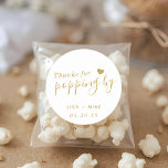 Thanks for Popping by Wedding Popcorn Favor Classic Round Sticker<br><div class="desc">Custom-designed elegant wedding favor round stickers/labels featuring "Thanks for Popping by" in modern hand calligraphy with a gold glitter heart. Personalize with bride and groom's names and wedding date. Apply the stickers/labels on boxes,  bags,  or jars for unique DIY wedding popcorn favors/gifts.</div>