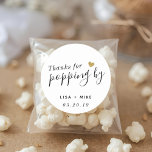 Thanks for Popping by Wedding Popcorn Favor Classic Round Sticker<br><div class="desc">Custom-designed elegant wedding favor round stickers/labels featuring "Thanks for Popping by" in modern hand calligraphy with a gold glitter heart. Personalize with bride and groom's names and wedding date. Apply the stickers/labels on boxes,  bags,  or jars for unique DIY wedding popcorn favors/gifts.</div>