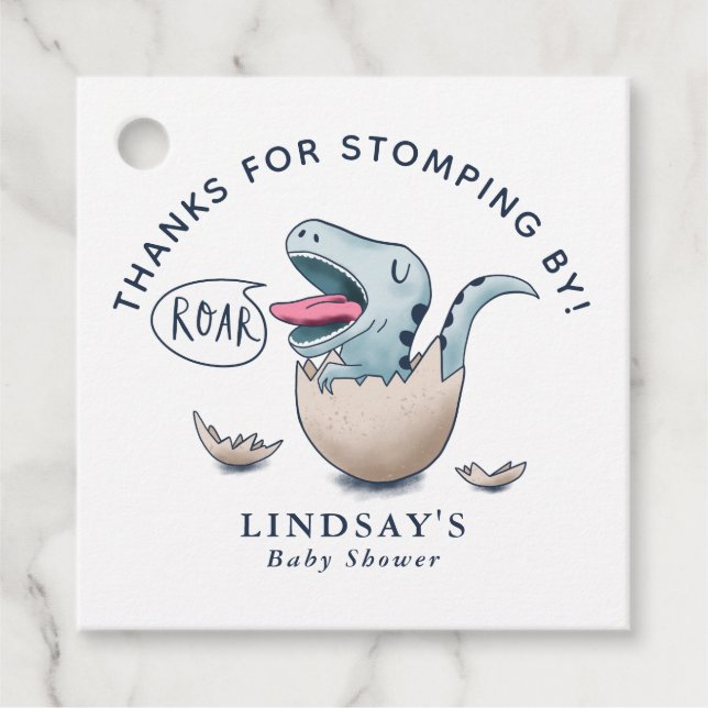 Thanks for Stomping By Blue Dinosaur Baby Shower Favor Tags (Front)
