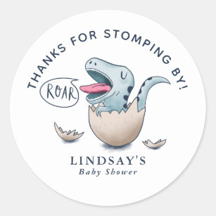Thanks for Stomping By Dinosaur Baby Shower Blue Classic Round Sticker
