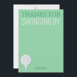 Thanks For Swinging By Golf Party Thank You Card<br><div class="desc">Thanks For Swinging By Golf Party Thank You Card. Sports,  golf-themed party supplies for kids,  birthday with golf balls,  golf tees,  golf cart design. www.SamAnnDesigns.com</div>