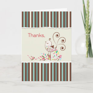 Thanks for Time and Help, Whimsical Bird on Stripe Letterpress Thank You Card