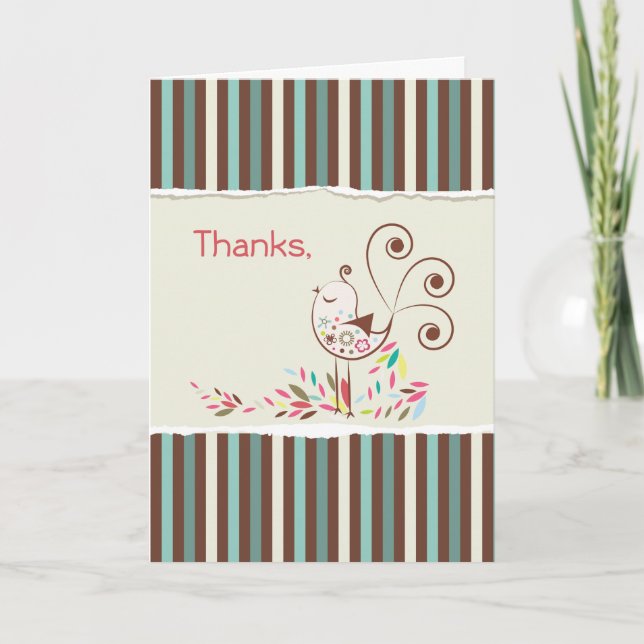 Thanks for Time and Help, Whimsical Bird on Stripe Thank You Card (Front)