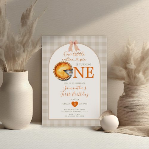 Thanks Giving Cutie Pie Beige Gingham 1st Birthday Invitation